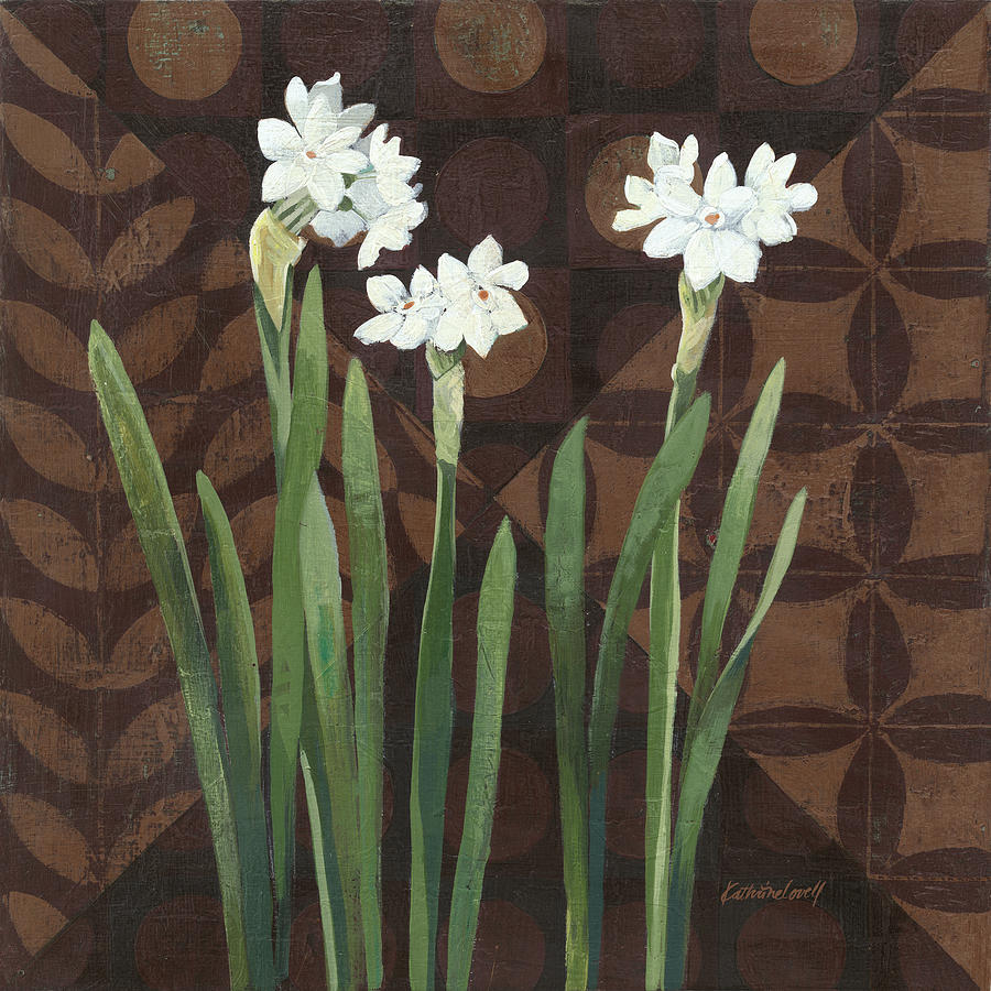 Flower Painting - Narcissus On Brown I by Kathrine Lovell