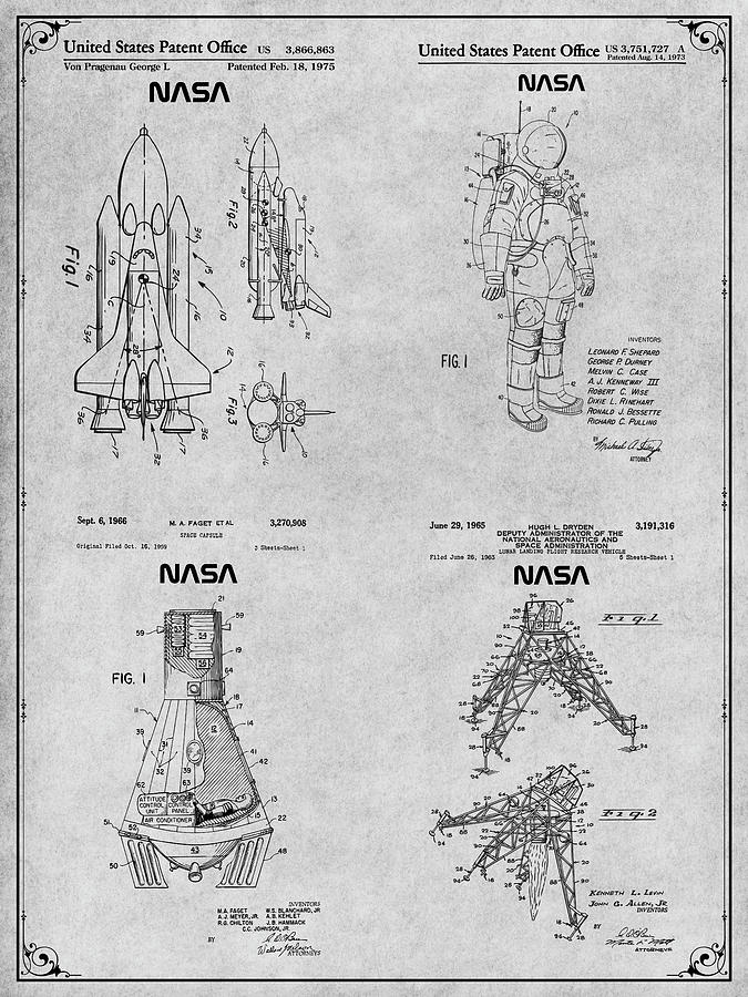 NASA Set Gray Patent Print Drawing by Greg Edwards