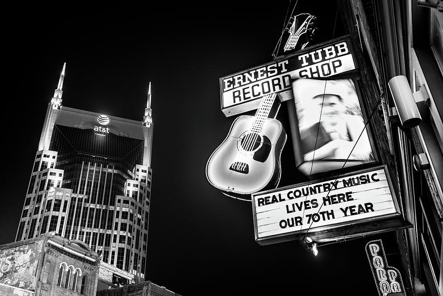 Nashville Photograph - Nashville Skyline and Broadway Neon Lights - BW Monochrome by Gregory Ballos