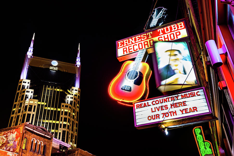 Nashville Photograph - Nashville Skyline and Broadway Neon Lights by Gregory Ballos