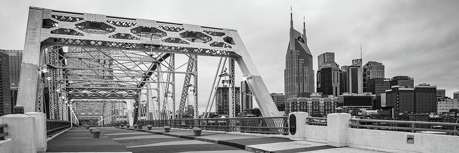 Nashville Skyline And Pedestrian Bridge Panorama - Monochrome Photograph