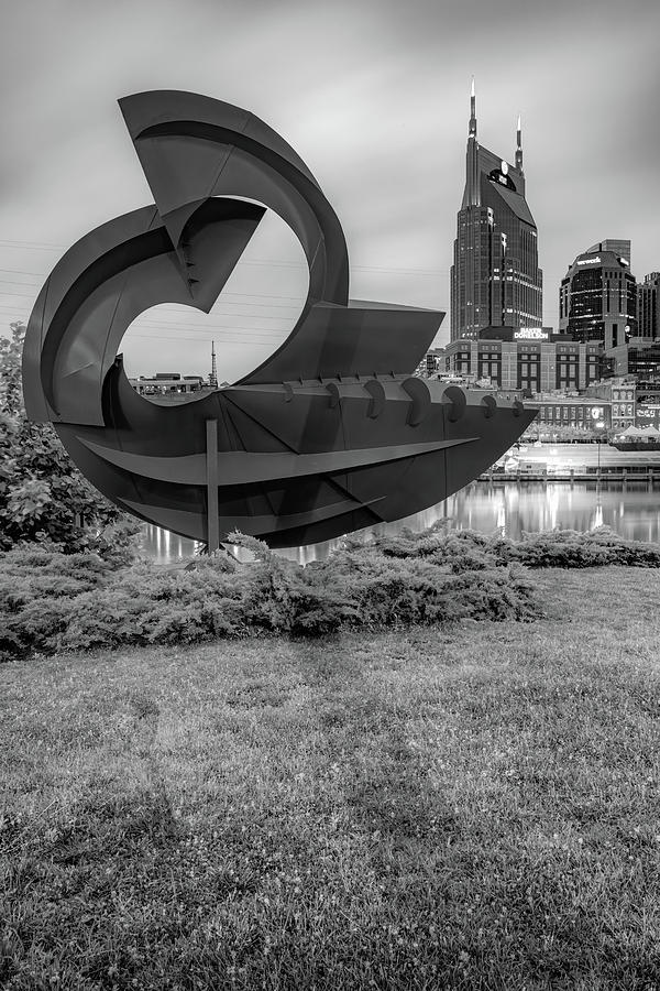 Nashville Skyline Photograph - Nashville Skyline and Sculpture From East Bank Greenway - Monochrome by Gregory Ballos
