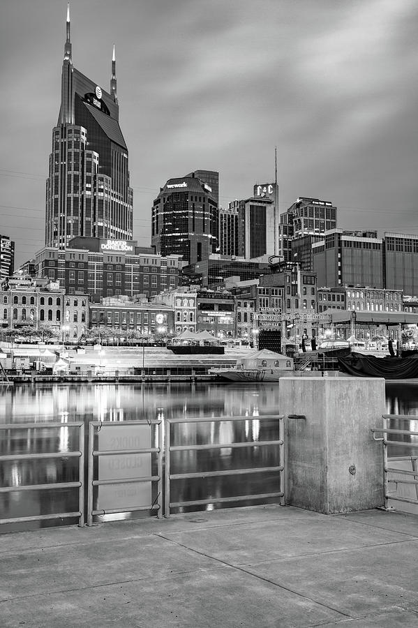 Nashville Skyline From Cumberland River Dock - Bw Monochrome Photograph