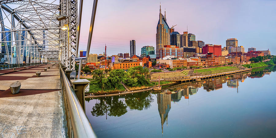 Nashville Skyline Panorama from the John Seigenthaler Pedestrian Bridge Photograph by Gregory Ballos