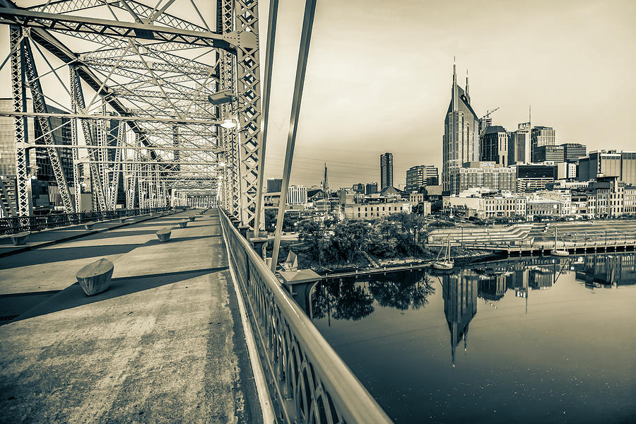 Nashville Skyline Photograph - Nashville Skyline - Shelby Street Bridge View in Sepia by Gregory Ballos