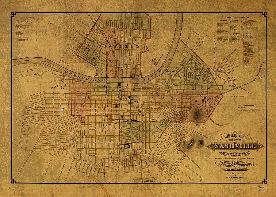 Nashville Tennessee Vintage City Street Map 1870 Mixed Media by Design ...