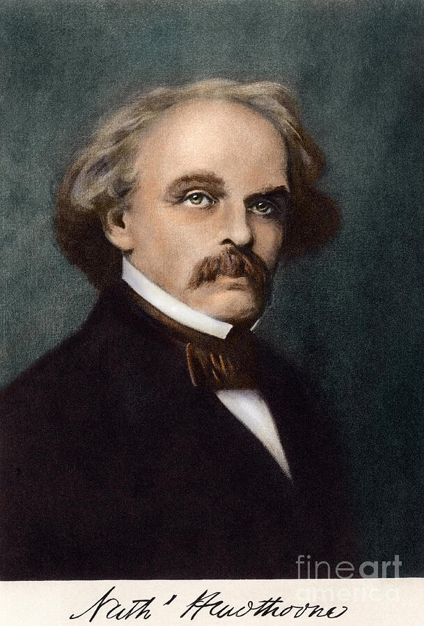 Vintage Drawing - Nathaniel Hawthorne (1804-1864), American Writer, With His Signature by American School