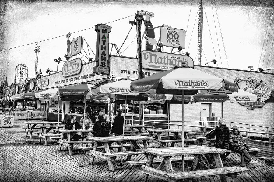 Nathans Famous Frankfurters On The Coney Island Boardwalk Black and White by Kay Brewer Nathans Famous Frankfurters On The Coney Island Boardwalk Black and White by Kay Brewer