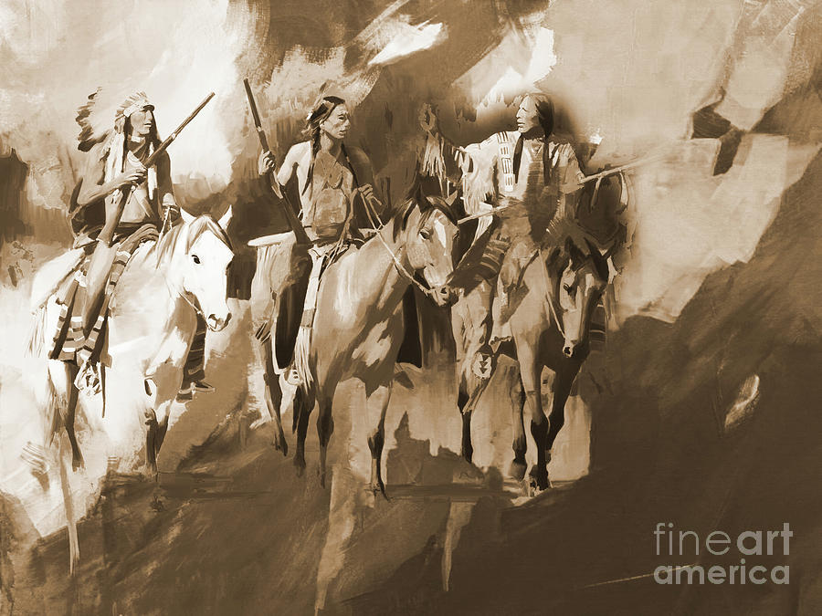Native American on Horses Sepia  Painting by Gull G