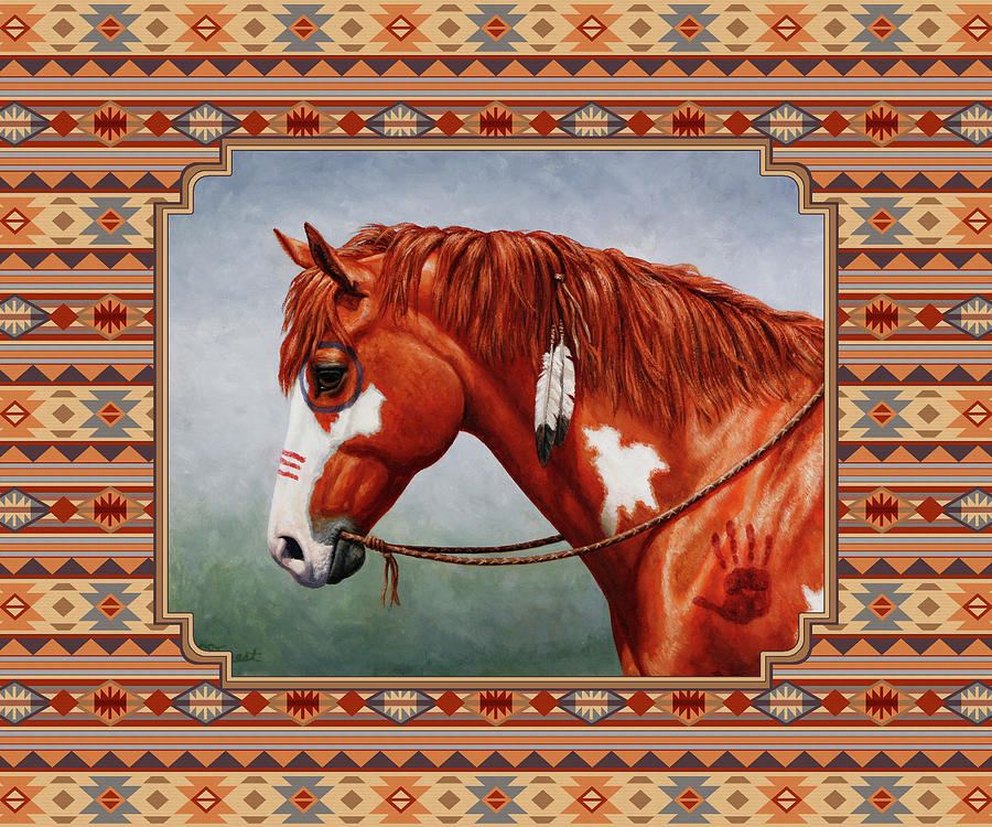 Native American War Horse Southwestern Pillow Painting by Crista Forest