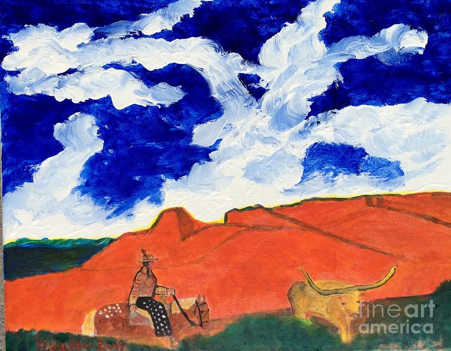 Native American Woman driving Longhorn Bull in Red Rock Country Painting by Richard W Linford