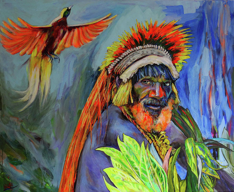 Native Chief and Bird of Paradise Painting by Koro Arandia