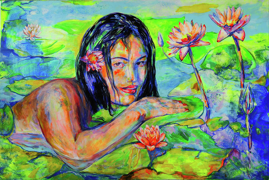 Native girl bathing among water lilies Painting by Koro Arandia