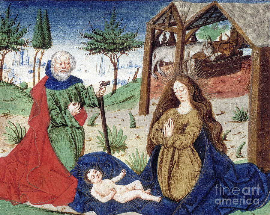 Nativity Scene, 15th Century The Virgin Mary Kneels In Prayer Before The Infant Jesus Painting by European School