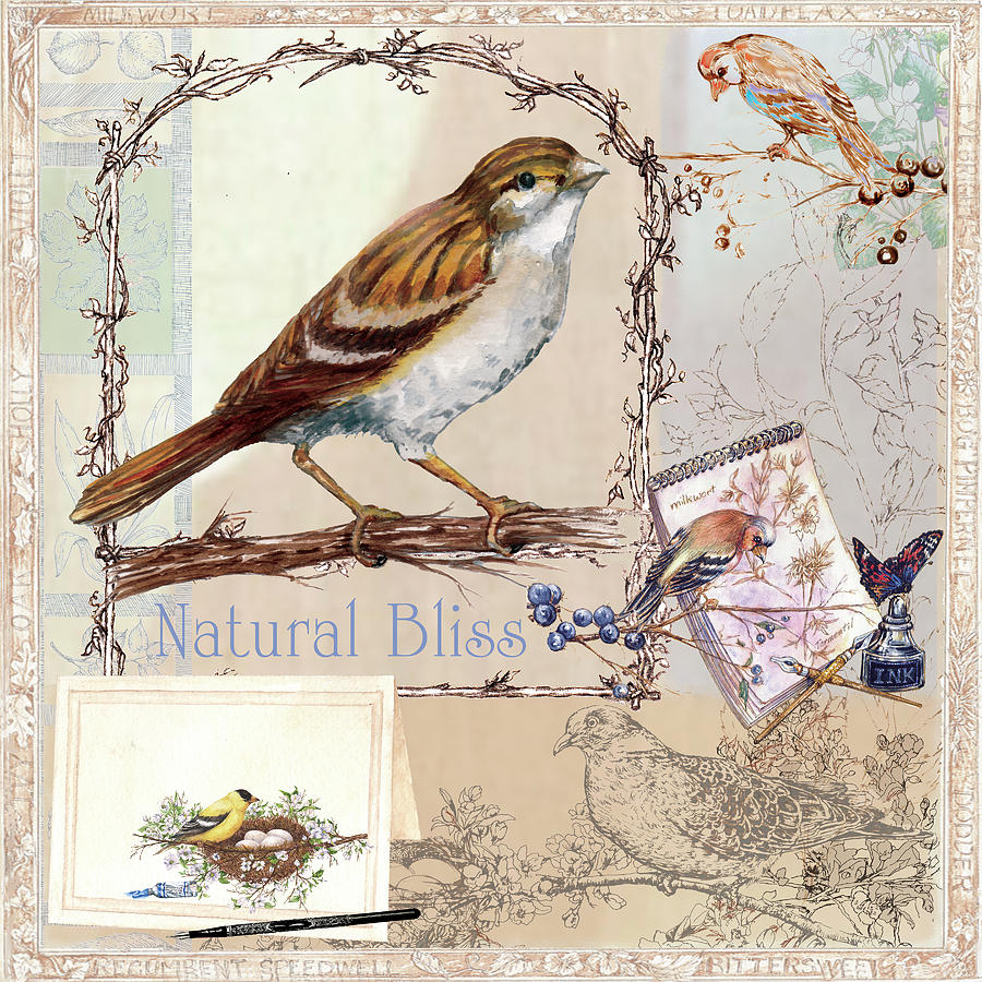 Butterfly Mixed Media - Natural Bliss Birds-tan-blue by Sher Sester