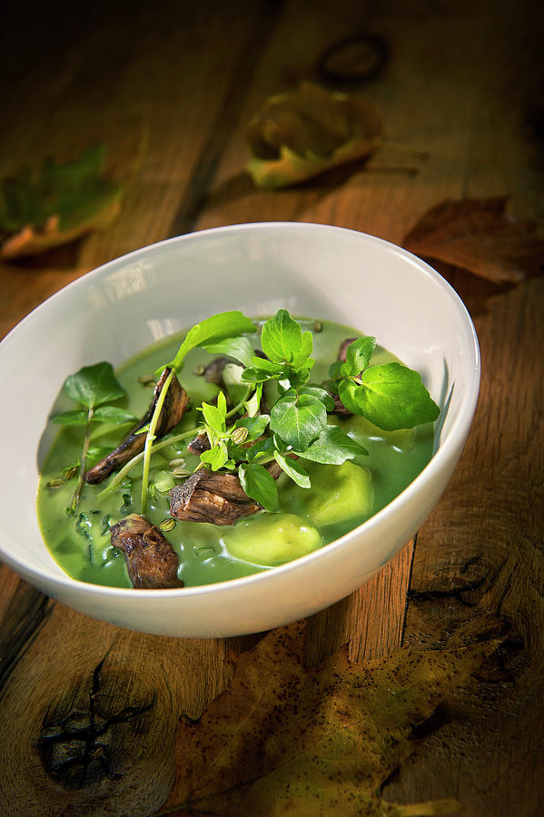 Natural Cuisine: Potato Soup With Water Cress, Spinach And Mushrooms Photograph by Lode Greven Photography