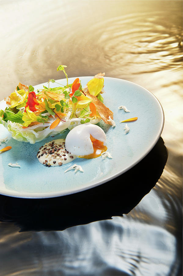 Natural Cuisine: Summer Herb Salad With Egg, Aioli And Edible Flowers Photograph by Lode Greven Photography