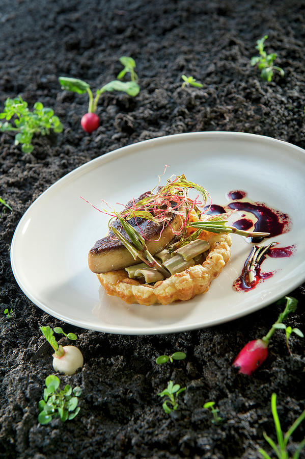 Natural Cuisine: Tart Tatin With Knotweed, Duck Liver And Radish Vinaigrette Photograph by Lode Greven Photography
