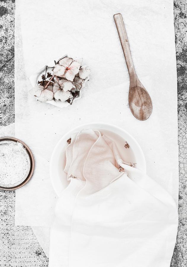 Natural Fabric Dye Home-made From Hydrangea Flowers, Fabric In White Bowl And Dying Utensils Photograph by Agata Dimmich