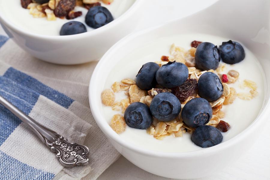 Natural Yogurt With Cereals And Blueberries In A Muesli Bowl Photograph by Shawn Hempel