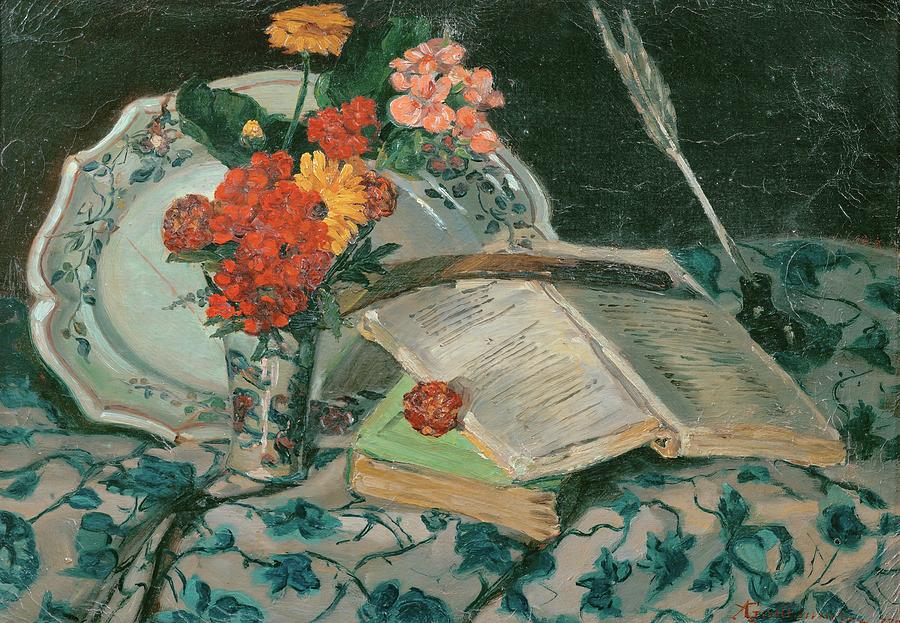 Nature morte fleurs, faiences, livres. Still-life flowers, faience and books. 1954-9. Painting by Armand Guillaumin -1841-1927-