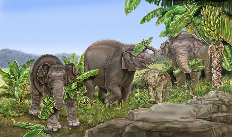 Animal Painting - Nature Recycles Spread 21 Asian Elephants by Cathy Morrison Illustrates