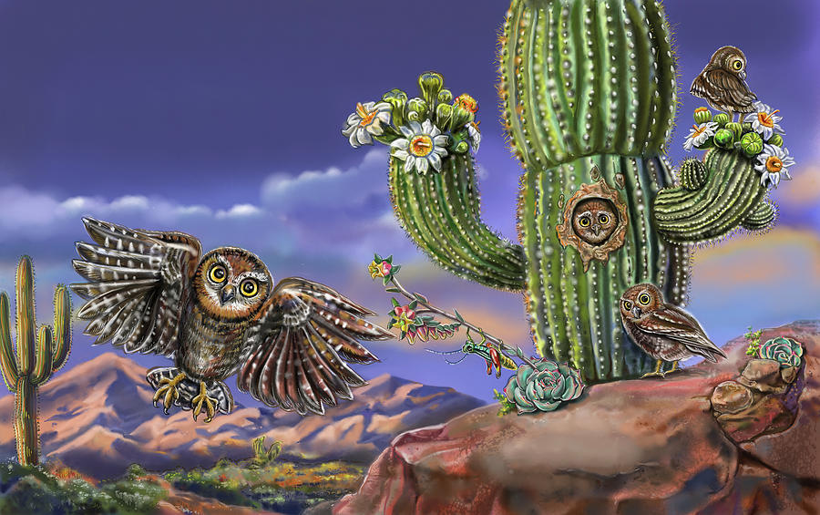 Animal Painting - Nature Recycles Spread 9 Elf Owl Spread by Cathy Morrison Illustrates
