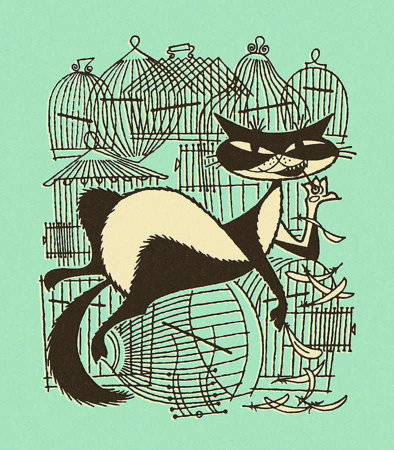 Vintage Drawing - Naughty Cat With Empty Birdcages by CSA Images