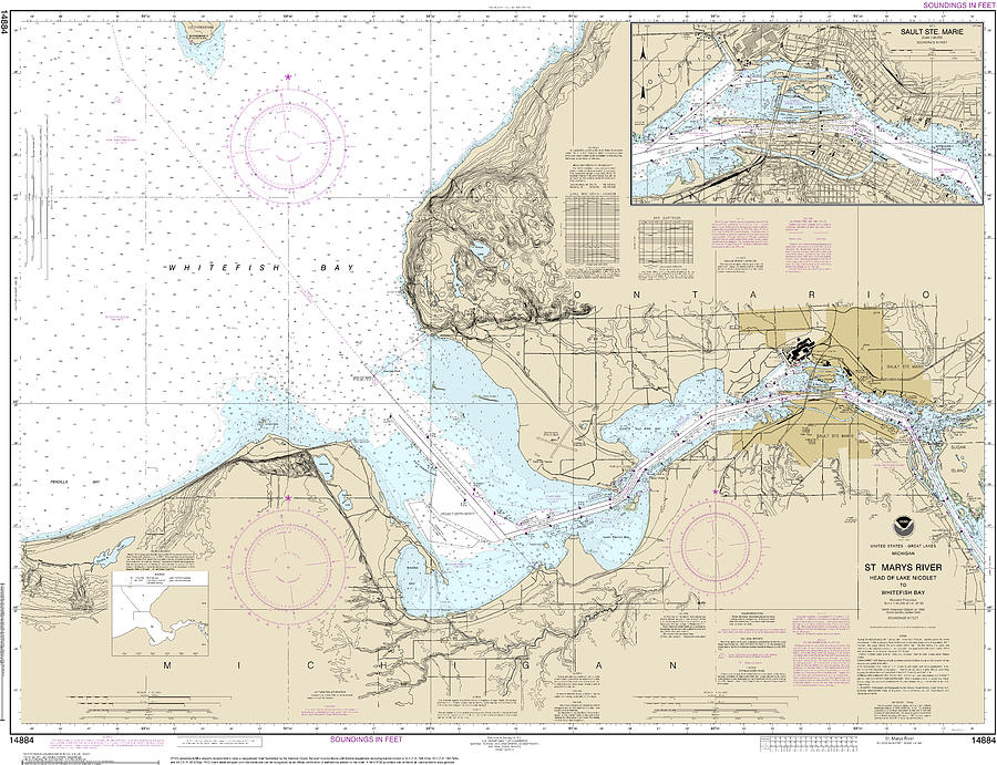 St Marys River Mixed Media - Nautical Chart-14884 St Marys River - Head-lake Nicolet-whitefish Bay, Sault Ste Marie by Bret Johnstad