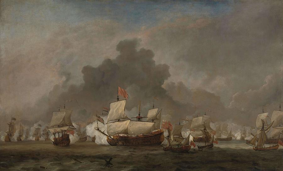 Naval Battle between Michiel Adriaensz de Ruyter and the Duke of York on the Royal Prince du... Painting by Willem van de Velde -II-