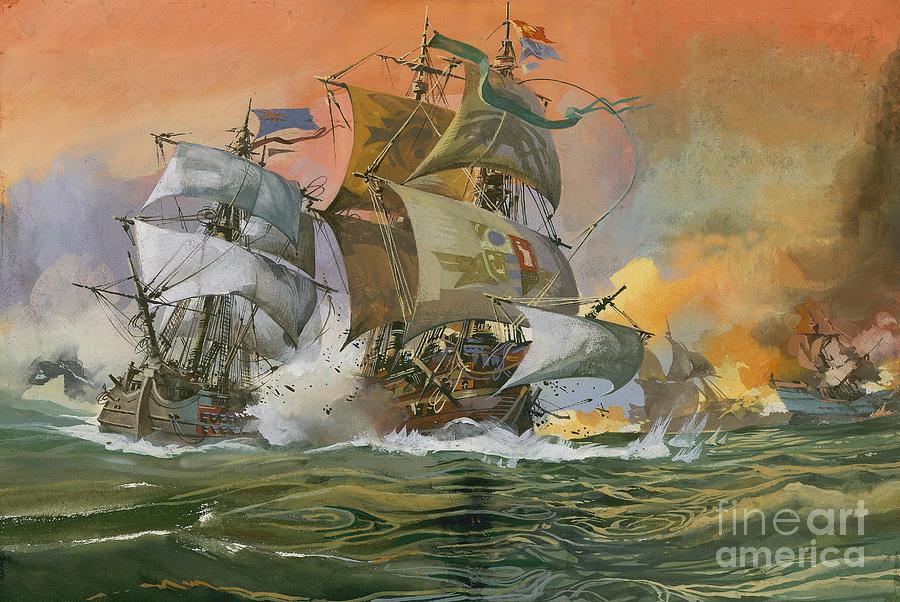 Naval Battle Scene Painting by English School