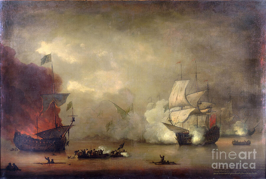 Naval Combat Between The Hms Mary Rose Of The Royal Navy And Seven Pirate Algerines Off The Coast Of Tangier Morocco, 1669 Painting by Peter Monamy