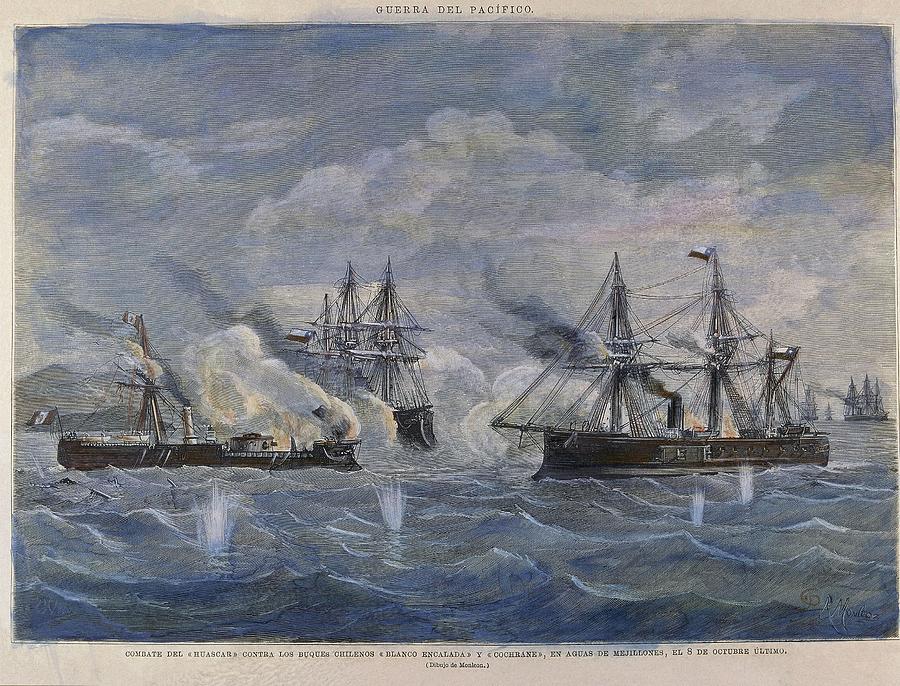 Naval Combat Peruvian Ship Huascar against the Chilean Blanco Encalada and the Cochrane, 1879. Painting by Rafael Monleon -1853-1900-