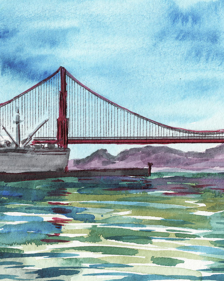 Naval Ship At Golden Gate Bridge Watercolor Painting