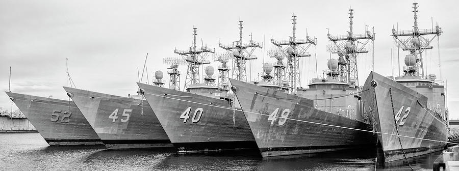 Naval Ships - Philadelphia Navy Yard in Black and White Photograph by Bill Cannon