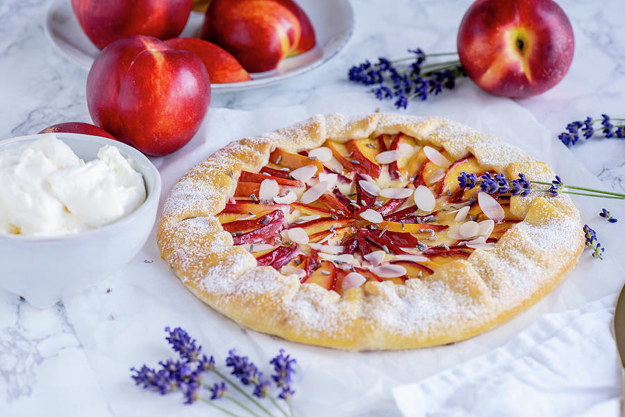 Nectarine And Cream Cheese Galette With Lavender Photograph by Christian Kutschka