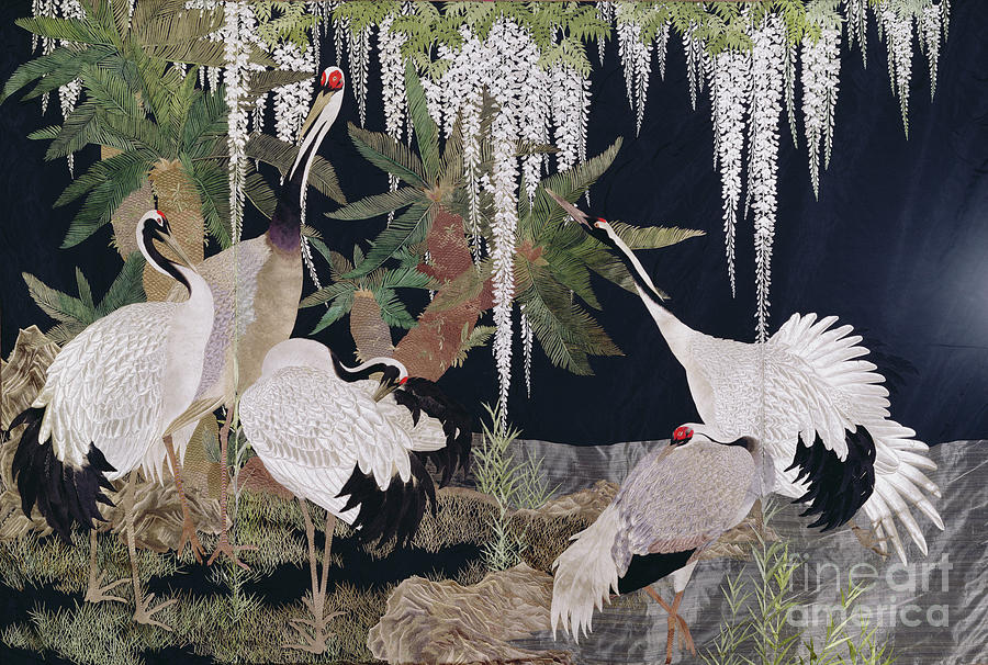 Needlework Hanging With Cranes, Cycads And Wisteria Textile Painting by Japanese School
