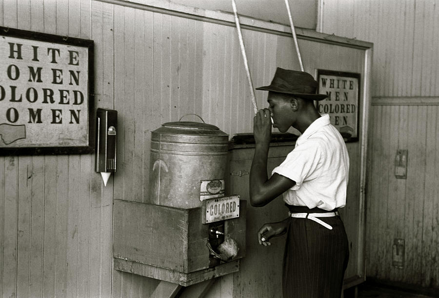 Negro drinking at Colored water cooler in streetcar terminal, Oklahoma City, Oklahoma Painting by 