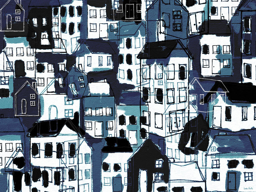 Architecture Mixed Media - Neighborhood Blue- Art by Linda Woods by Linda Woods
