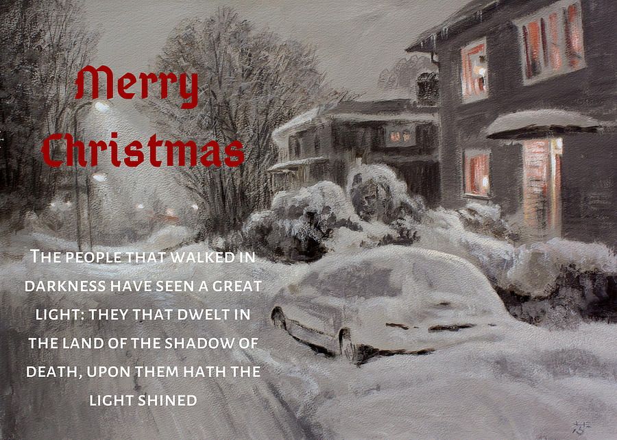 Neighbourhood in Winter - Christmas card version Painting by Hans Egil Saele