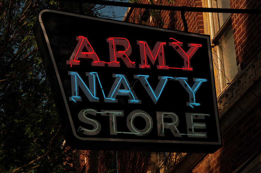 Neon Army Navy Store Sign Photograph by Flees Photos