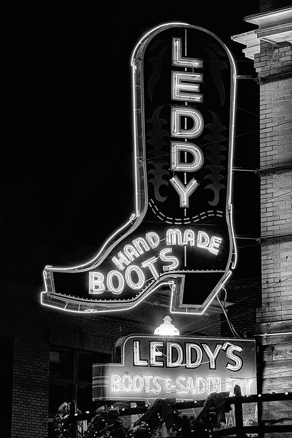 Fort Worth Photograph - Neon Cowboy Boot Black and White by JC Findley