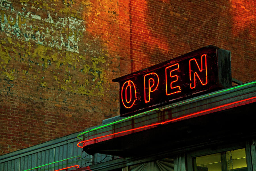 Neon Open Sign On Old Diner Hotel Photograph by Matt Champlin