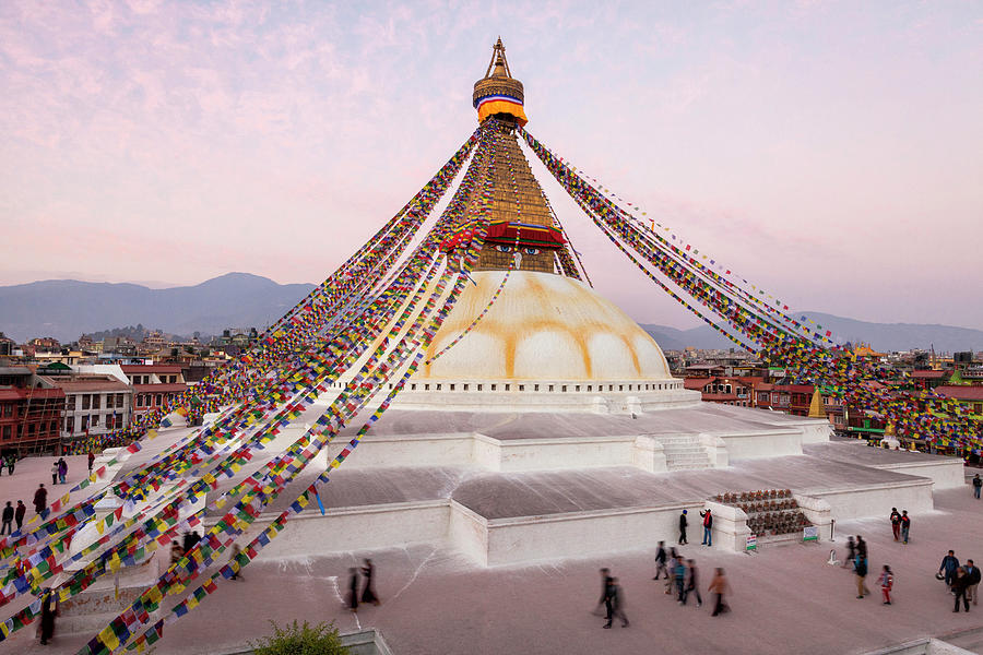 Nepal, Central, Kathmandu, Boudhanath Stupa And Its Prayer Flags In Evening Light, One Of The Holiest Buddhist Sites In The City Digital Art by Tim Draper