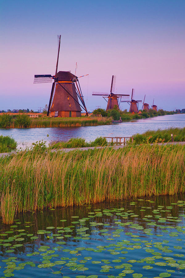Netherlands, South Holland, Benelux, Kinderdijk, Windmill, Evening Digital Art by Olimpio Fantuz