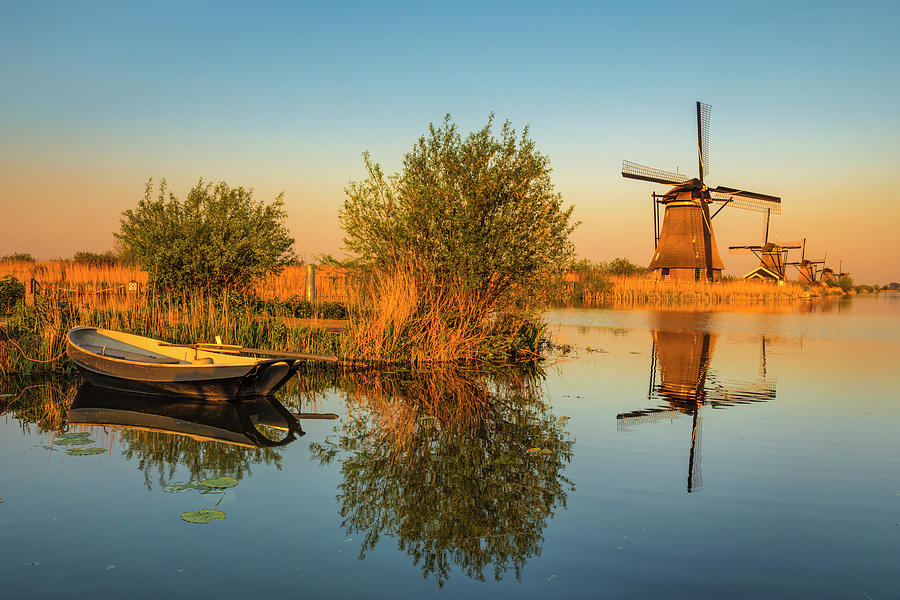 Netherlands, South Holland, Kinderdijk, Benelux, Windmills In The Evening Light Digital Art by Markus Lange
