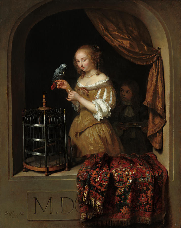 A Woman Feeding a Parrot, with a Page, 1666 Painting by Caspar Netscher