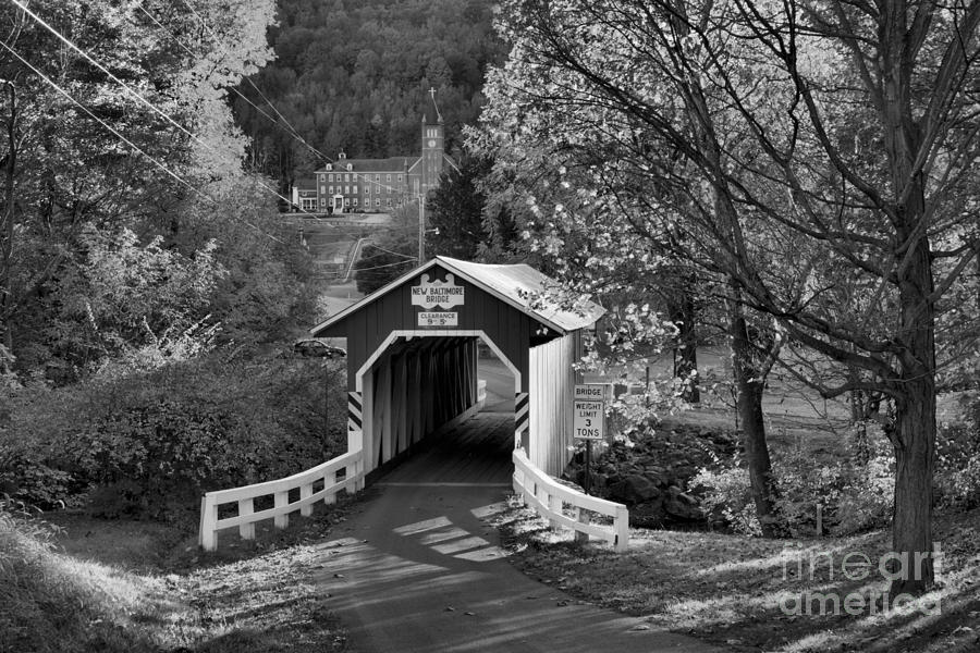 New Baltimore Covered Bridge Fall Landscape Black And White Photograph by Adam Jewell