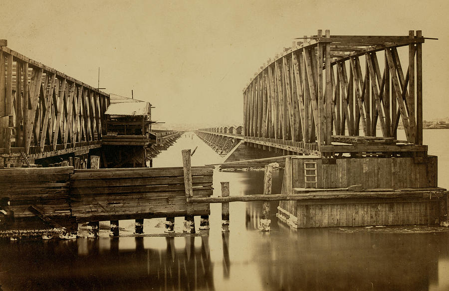 New bridge over Potomac River on the Washington, Alexandria and Georgetown Railroad. Total length 5,104 feet Painting by 