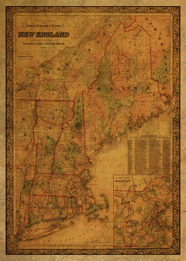 New England Railroad Vintage Map 1861 Mixed Media by Design Turnpike